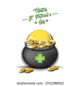 Happy St. Patricks day. A tennis ball in a pot of gold on an isolated background. Pattern for banner, poster, greeting card, invitation. Vector illustration