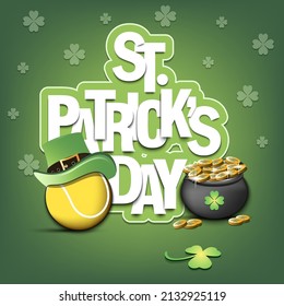 Happy St. Patrick's day. Tennis ball in leprechaun hat, pot with gold coins and clover. Pattern design for logo, banner, poster, greeting card. Vector illustration on isolated background