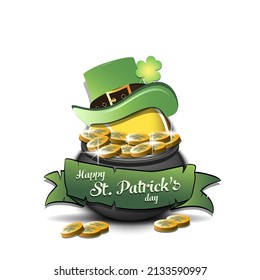 Happy St. Patrick's day. Tennis ball in leprechaun hat in pot with gold coins. Pattern design for logo, banner, poster, greeting card, party invitation. Vector illustration on isolated background