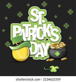 Happy St. Patrick's day. Tennis ball in leprechaun hat, pot with gold coins and clover. Pattern design for logo, banner, poster, greeting card. Vector illustration on isolated background