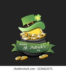 Happy St. Patrick's day. Tennis ball in leprechaun hat in pot with gold coins. Pattern design for logo, banner, poster, greeting card, party invitation. Vector illustration on isolated background