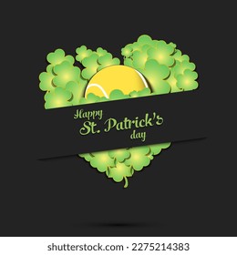 Happy St. Patrick's day. Tennis ball on background heart made of clovers and shamrock. Pattern design for logo, banner, poster, greeting card. Vector illustration on isolated background