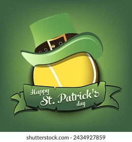 Happy St. Patricks day. Tennis ball in leprechaun hat with banner. Pattern for greeting card, logo, banner, poster, party invitation. Vector illustration on isolated background