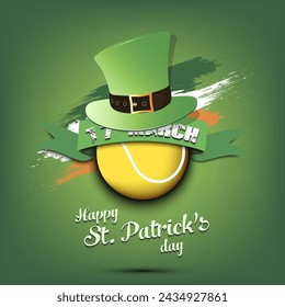 Happy St. Patricks day. Tennis ball in leprechaun hat the background of the Irish flag. Pattern for greeting card, logo, banner, poster, party invitation. Vector illustration on isolated background