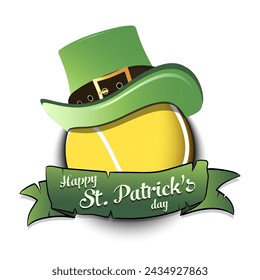 Happy St. Patricks day. Tennis ball in leprechaun hat with banner. Pattern for greeting card, logo, banner, poster, party invitation. Vector illustration on isolated background