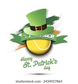 Happy St. Patricks day. Tennis ball in leprechaun hat the background of the Irish flag. Pattern for greeting card, logo, banner, poster, party invitation. Vector illustration on isolated background