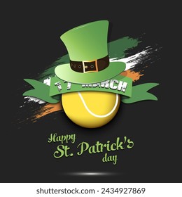 Happy St. Patricks day. Tennis ball in leprechaun hat the background of the Irish flag. Pattern for greeting card, logo, banner, poster, party invitation. Vector illustration on isolated background