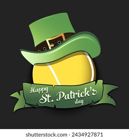 Happy St. Patricks day. Tennis ball in leprechaun hat with banner. Pattern for greeting card, logo, banner, poster, party invitation. Vector illustration on isolated background