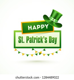 Happy St. Patrick's Day text with leprechaun hat on white background. Can be used as greeting card design.