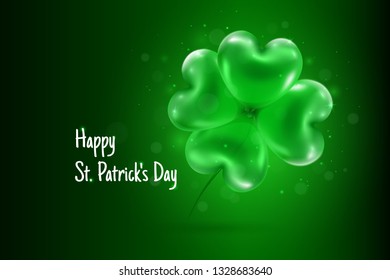 Happy St. Patrick's Day Text Greeting Card with Four Green Gradient Leaves Clover Balloons on Dark Green Gradient Background Vector 