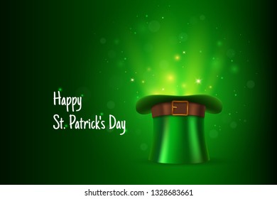 Happy St. Patrick's Day Text Greeting with Green in Bright Light Leprechaun Traditional Irish Hat on Dark Green Gradient Background Vector illustration