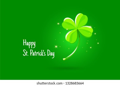 Happy St. Patrick's Day Text Greeting with Green in Bright Light Lucky Four Leaves Clover on Dark Green Gradient Background Vector illustration