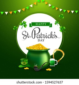 Happy St. Patrick's Day Text in White Circular Shape with Coins Pot, Horseshoe, Beer Mug, Smoking Pipe and Leprechaun Hat on Green Background.