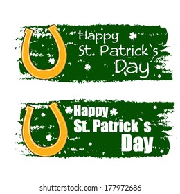 happy St. Patrick's day - text in green drawn banners with golden horseshoe symbol, holiday seasonal concept, vector