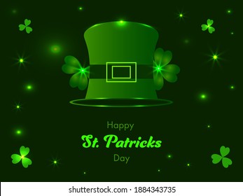 Happy St. Patrick's Day Text With Leprechaun Hat, Shamrock Leaves And Light Effect On Green Background.