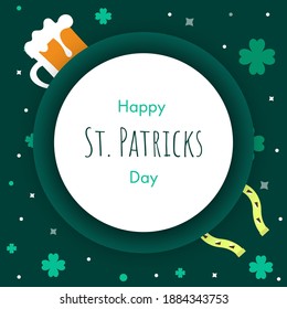 Happy St. Patrick's Day Text On White Circular Frame With Beer Mug, Horseshoe And Shamrock Leaves Decorated Green Background.