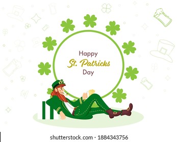 Happy St. Patrick's Day Text With Clover Leaves And Cartoon Leprechaun Man Smoking On White Background.