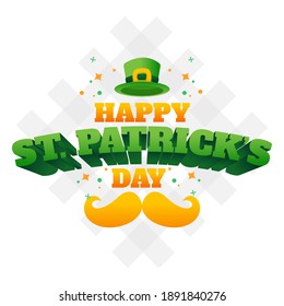 Happy St. Patrick's Day Text With Mustache And Leprechaun Hat On White Background.