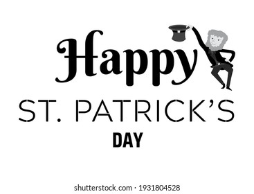 Happy St. Patrick's Day text with funny leprechaun isolated on white background.