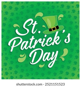 Happy St. Patrick's Day text Patrick with a hat and clover. Holidays in Ireland. St. Patrick's Day concept. Flat vector illustration.