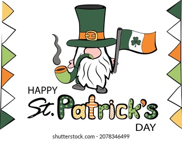 Happy St. Patrick's Day. Trendy design with typography, cute gnome in green hat and irish flag.  Horizontal poster, banner, greeting card. Vector illustration