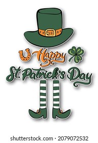 Happy St. Patrick's Day. Trendy design with typography, green hat, leprecon legs and clover. Paper cut style. Vertical poster, banner, greeting card
