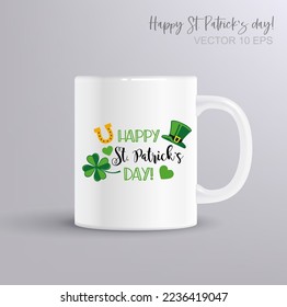 Feliz Día de San Patrón. Diseño de moda con tipografía, sombrero verde, herradura y trébol. Ilustración con café muckupAfiche, pancarta, tarjeta de saludo