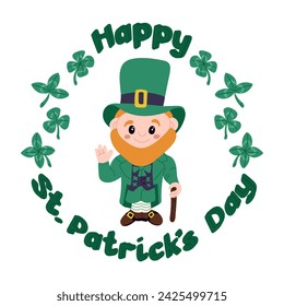 Happy St Patricks Day typographic composition. Flat volume words in round shape with traditional Irish character. Leprechaun in green clothes. Isolated vector illustration on white background