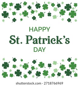 Feliz Día de San Patricio de fondo de tipografía. Ilustración vectorial con borde de trébol verde y hojas de trébol que caen para la Plantilla de la tarjeta de felicitación.