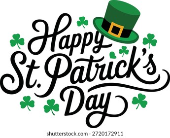 Happy St. Patrick's Day Typografie mit Kobold Hut und Shamrocks, Vektorgrafik