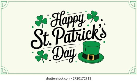 Happy St. Patrick's Day Typografie mit Kobold Hut und Shamrocks, Vektorgrafik