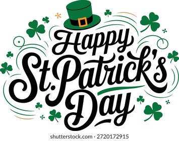 Tipografía feliz del día de San Patricio con el sombrero del duende y los tréboles, Ilustración vectorial
