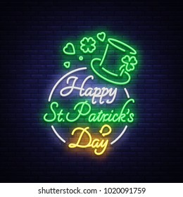 Happy St. Patrick's Day Vector Illustration in Neon Style. Neon sign, greeting card, postcard, neon banner, bright night advertising, flyer. An invitation to celebrate St Patricks Day