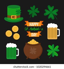 Happy St. Patrick's Day vector icon set. St. Patrick's Day illustrations; four leaf clovers, pot of gold, golden coins, beer, green beer, leprechaun hat and writing decorated with ribbons.