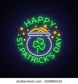 Happy St. Patrick's Day Vector Illustration in Neon Style. Neon sign, greeting card, postcard, neon banner, bright night advertising, flyer. An invitation to celebrate St Patricks Day