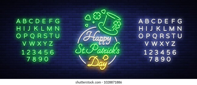 Feliz Vector del Día de San Patricio Ilustración al estilo neón. Señal de neón, tarjeta de saludo, postal, pancarta de neón, publicidad brillante, volante. Invitación a celebrar el Día de los Patrocinadores. Editar signo de neón de texto