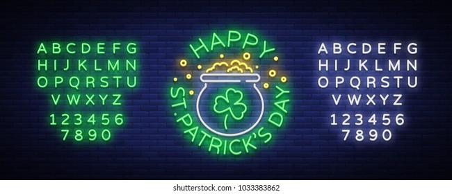 Happy St. Patrick's Day Vector Illustration in Neon Style. Neon sign, greeting card, postcard, neon banner, bright advertising, flyer. Invitation to celebrate St Patricks Day. Editing text neon sign