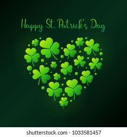 Happy St. Patrick's Day vector illustration. Irish Shamrocks concept heart on dark background 