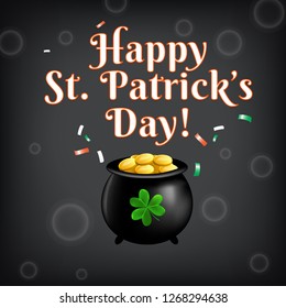 Happy St. Patrick's Day. Vector holiday card, flyer, template. A pot of leprechaun with gold coins, three-leaf clover, lights on a dark background.