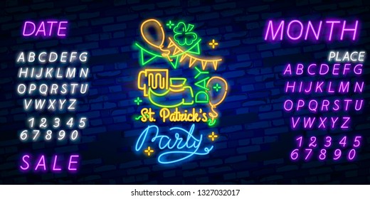 Happy St. Patrick's Day Vector Illustration in Neon Style. Neon sign, greeting card, postcard, neon banner, bright advertising, flyer. Invitation to celebrate St Patricks Day. Editing text neon sign