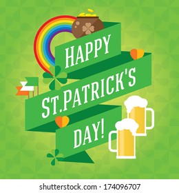 Happy St. Patrick's Day vector lettering illustration with clover leaves background. Traditional irish symbols in modern flat style. Design elements for Irish poster, banner.