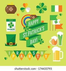 Feliz Dia de São Patrício ícone ilustração vetorial conjunto. Símbolos irlandeses tradicionais em estilo plano moderno. Elementos de design para cartaz irlandês, banner.