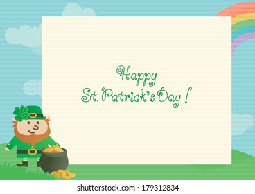 Happy St. Patrick's Day. Vector  of page from spiral notebook, leprechaun, pot with gold coins on green spring  landscape. 