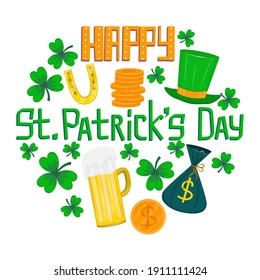 Happy St. Patricks Day. A vector set with lettering, coins, a beer mug and a shamrock is isolated on a white background. An illustration for a design for a holiday.