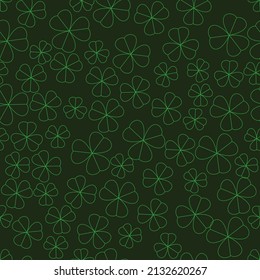 Feliz Día de San Patricio. Patrón de hoja verde Shamrock sin foco sobre fondo oscuro.