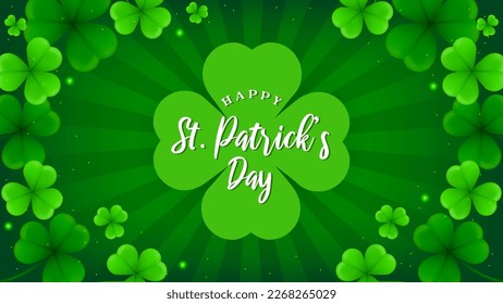 Happy St. Patrick's Day vector illustration. Shamrock frame on green rays background
