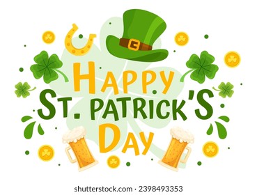 Happy St Patrick's Day Vector Illustration on 17 March with Golden Coins, Green Hat, Beer Pub and Shamrock in Flat Cartoon Background Design