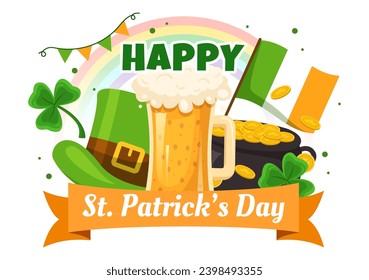 Happy St Patrick's Day Vector Illustration on 17 March with Golden Coins, Green Hat, Beer Pub and Shamrock in Flat Cartoon Background Design