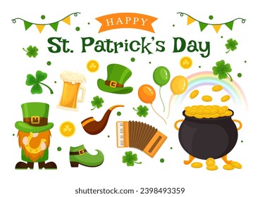 Happy St Patrick's Day Vector Illustration on 17 March with Golden Coins, Green Hat, Beer Pub and Shamrock in Flat Cartoon Background Design