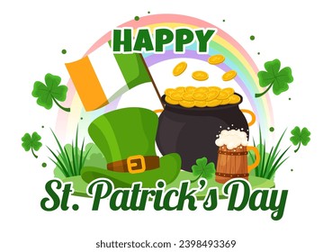 Happy St Patrick's Day Vector Illustration on 17 March with Golden Coins, Green Hat, Beer Pub and Shamrock in Flat Cartoon Background Design